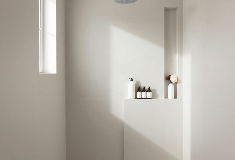 Modern bathroom shower with built-in tile niche holding toiletries