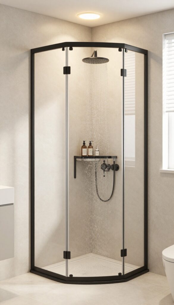 Corner shower with angled glass doors in a compact bathroom featuring neutral tiles and matte black fixtures.