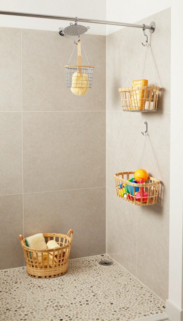Pebble floor shower with tension rod and hanging baskets for storage
