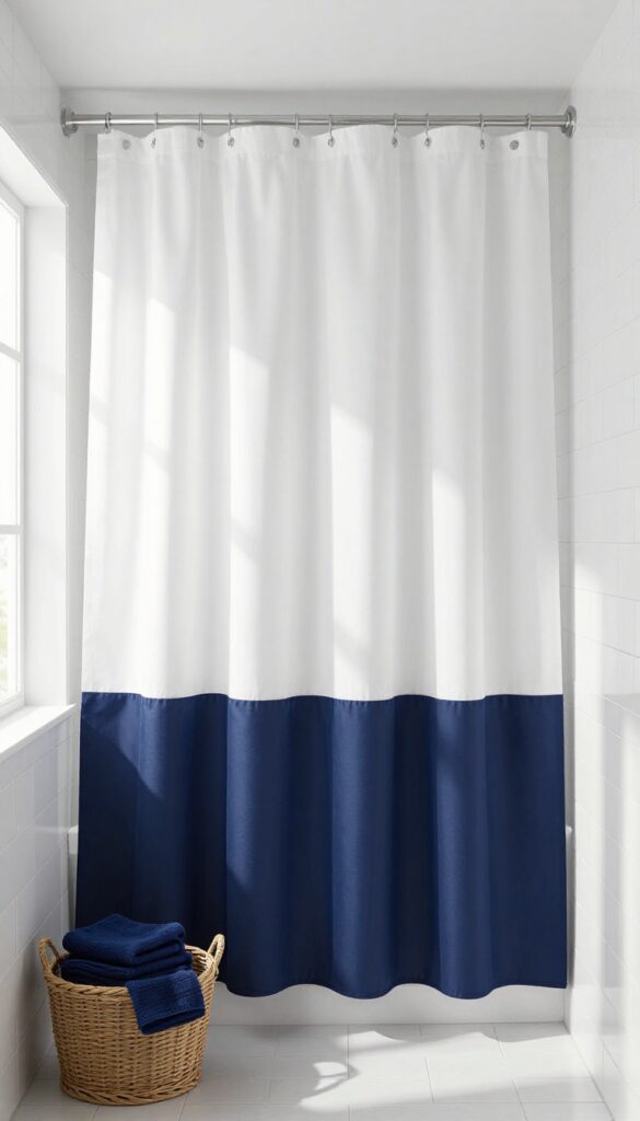 Ceiling-height shower curtain with white top and navy blue color block at bottom in a small bright bathroom.