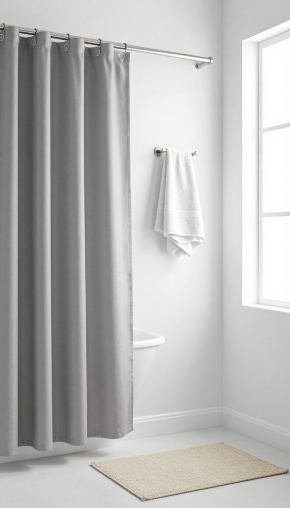 A minimalist small bathroom with a solid gray shower curtain, natural light, textured towels, and a woven bath mat for a clean, uncluttered look