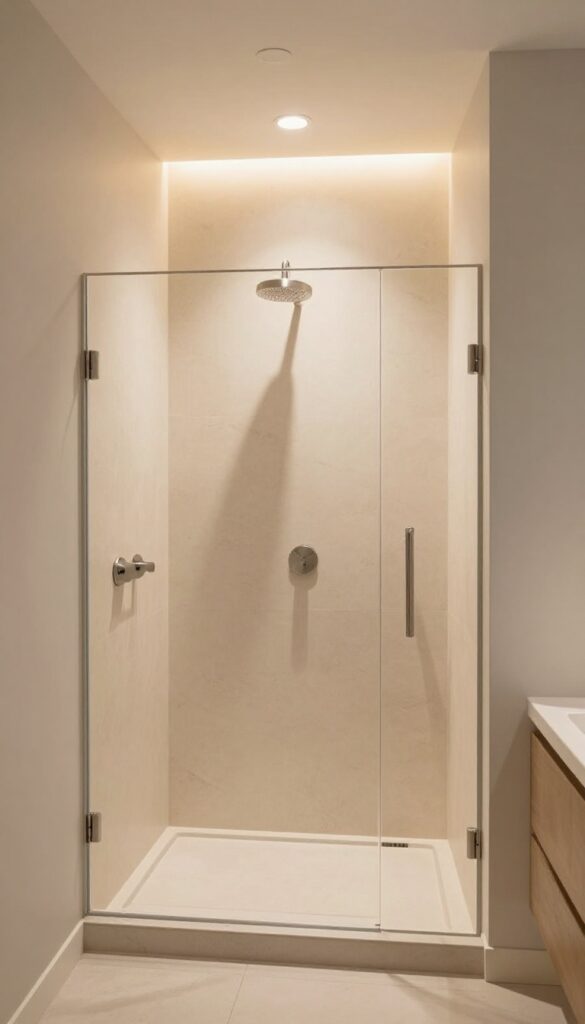 A small standing shower corner with layered lighting using wall sconces and recessed lights to create a bright, inviting space with natural stone textures and warm glow.