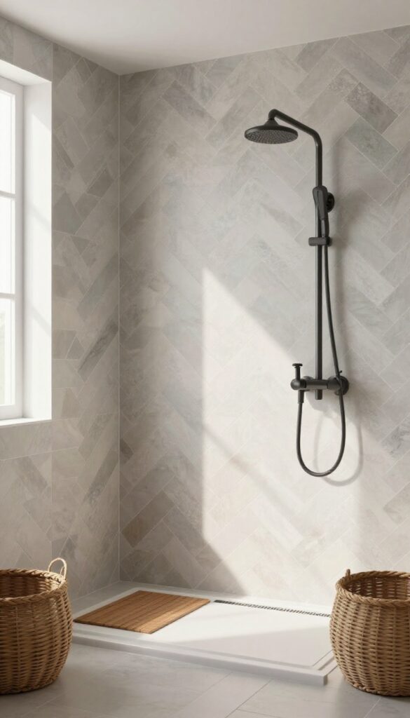 A shower with herringbone-patterned neutral tiles in soft grays and beiges, arranged diagonally on the walls under bright natural light, featuring clean fixtures and natural accents like a teak mat.