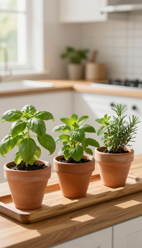 Small herb garden on kitchen windowsill with terracotta pots and fresh herbs in natural light