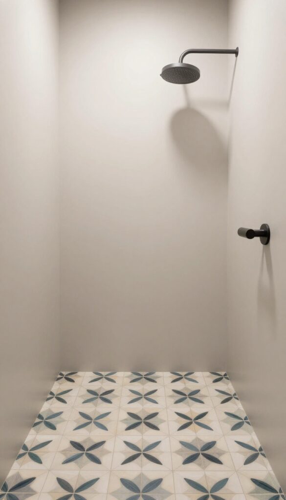 A standing shower with patterned geometric floor tiles in a bathroom, featuring bright natural light and minimal decor for a neat and functional look