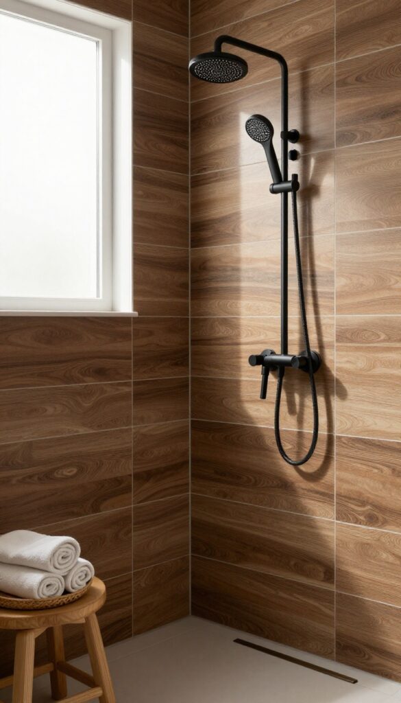 Warm wood-look porcelain tiles in a bright shower with matte black fixtures and natural light