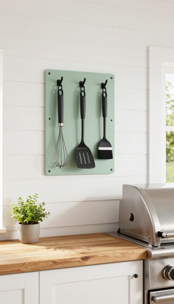 Outdoor kitchen with sage green pegboard holding cooking tools beside grill