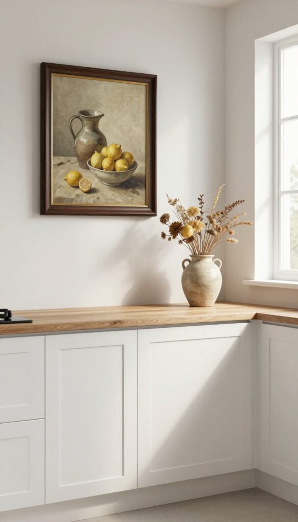 Modern kitchen with white cabinets and wood island featuring a vintage still life painting of lemons and dried flowers in a dark wood frame, natural light.