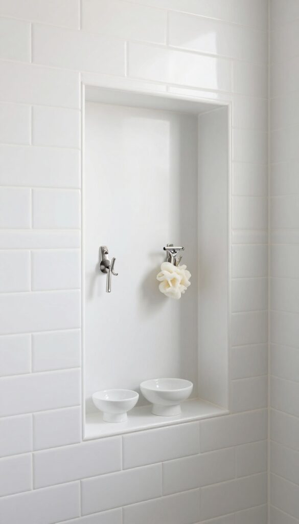 A close-up view of a bathroom shower niche with built-in soap dishes and hooks for organizing loofahs and razors in a clean, minimalist design.
