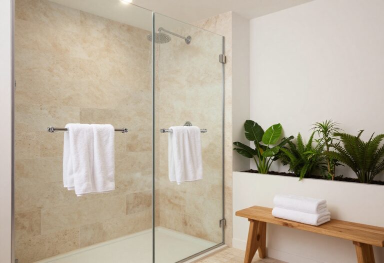 Modern walk-in spa shower with natural stone tiles, rainfall showerhead, and lush plants in a serene bathroom setting.