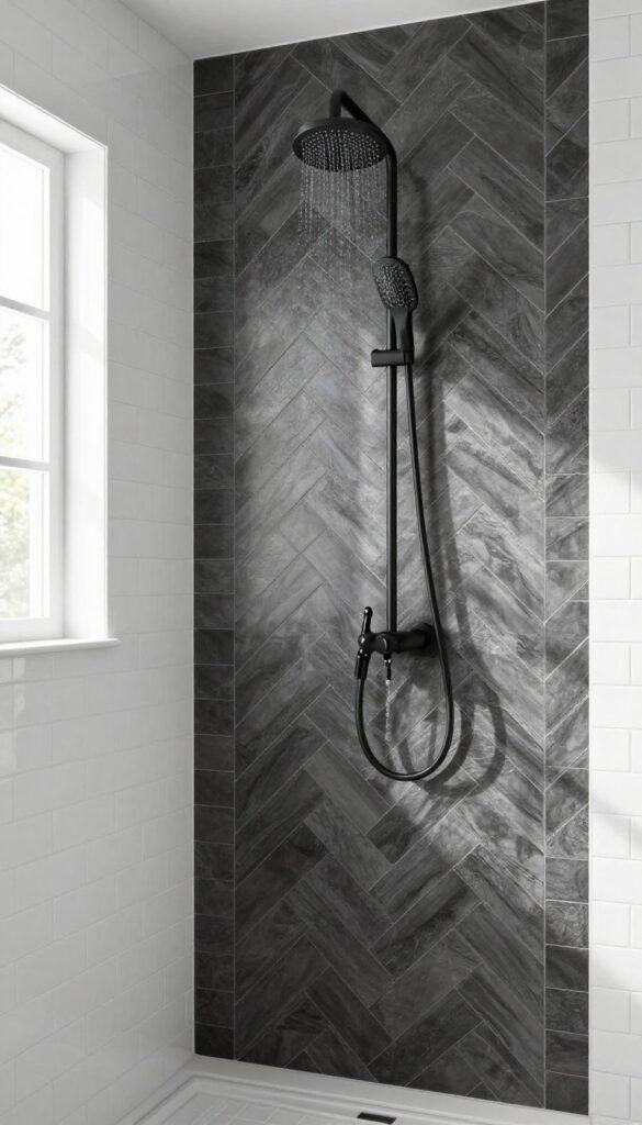 Herringbone pattern in soft gray-black tiles on a shower accent wall with white tiles and matte black rainfall showerhead