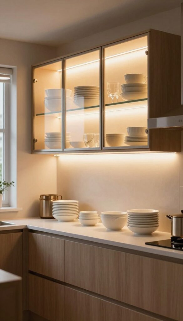 Glass-front kitchen cabinets illuminated from inside with warm LED strips, displaying ceramic dishes and glassware in a softly lit modern kitchen.