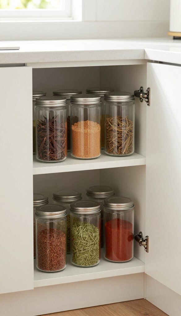 Open corner cabinet with two-tier Lazy Susan holding clear spice jars, organized by baking and savory spices, in bright natural light.