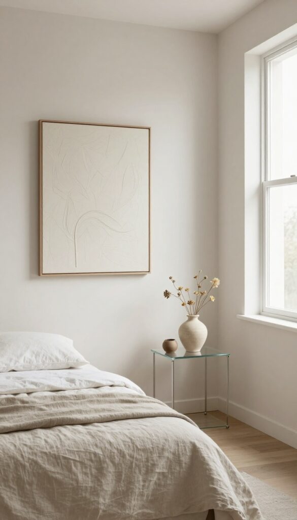 A small spare bedroom with minimal decor, featuring a single piece of wall art, a clear bedside table with a decorative vase, and natural light creating a spacious, calm atmosphere.