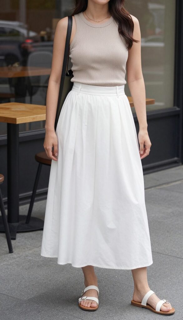 Casual summer outfit featuring a long white skirt and fitted tank top, styled with neutral accessories and natural light, ideal for fashion blogs and Pinterest.