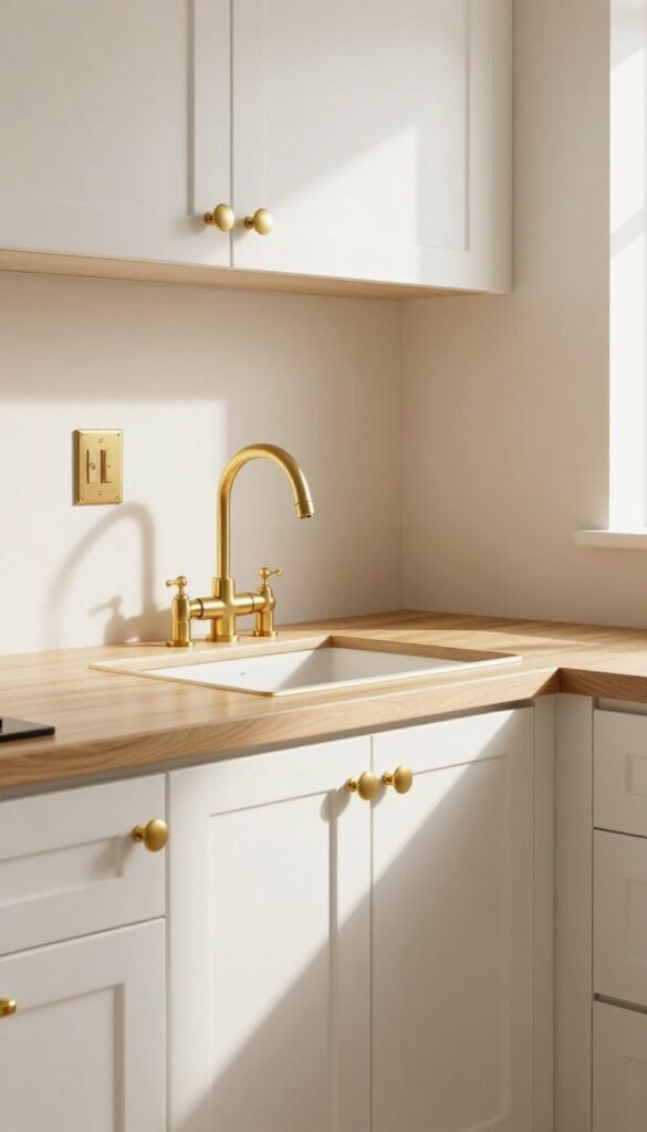 Kitchen pass through with warm brass hardware and fixtures in natural light