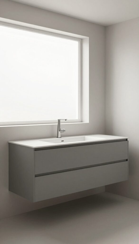 A gray floating vanity in a modern bathroom with natural light and clean design.