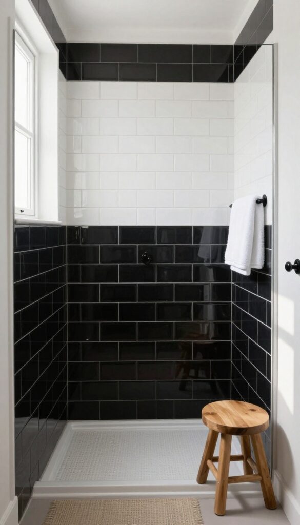 Black wainscoting tiles paired with white upper walls in a bright shower, featuring a wooden stool and soft towels.
