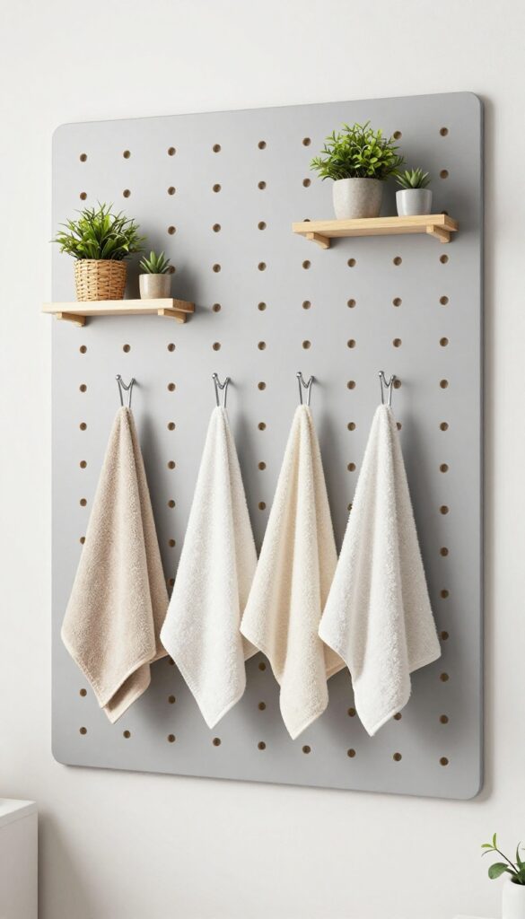 A modern bathroom with a gray pegboard panel used as a customizable towel rack, displaying neatly arranged towels, hooks, shelves, plants, and baskets in bright natural light.