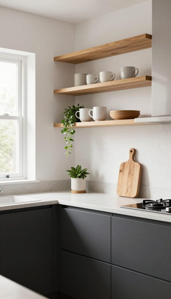 Kitchen with charcoal cabinets and open wood shelving