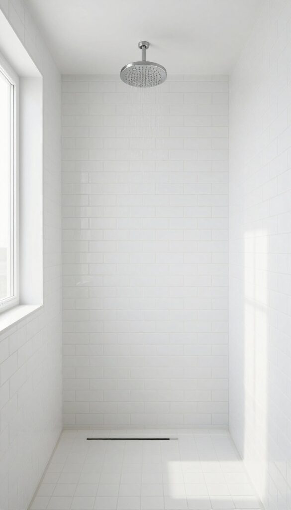 A bright shower with white subway tiles running from floor to ceiling, creating a tall and seamless look with natural light and sleek hardware.