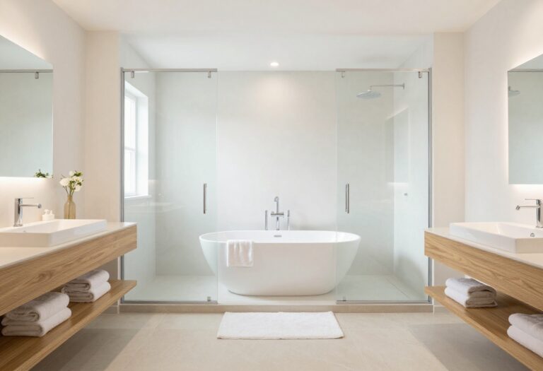 Modern bathroom with freestanding tub, glass shower, and cozy decor in neutral tones