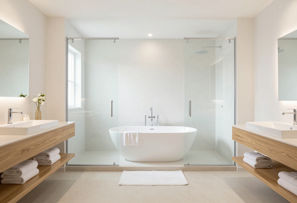 Modern bathroom with freestanding tub, glass shower, and cozy decor in neutral tones