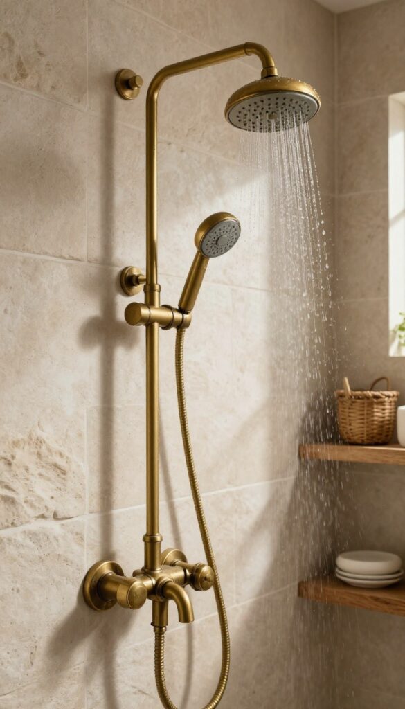Close-up of antique brass shower fixtures in a rustic bathroom with stone walls and natural light, showcasing vintage charm without text.
