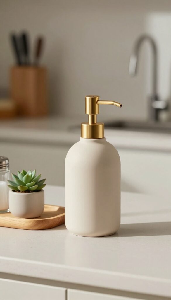 Matte ceramic soap dispenser in neutral beige with gold pump on kitchen counter tray
