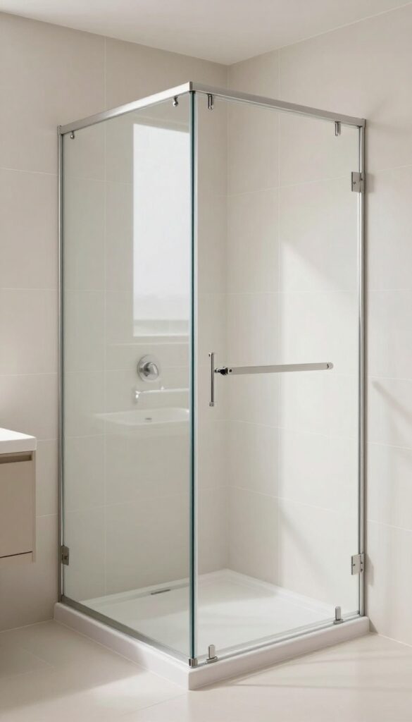 Clear glass shower enclosure in a small bathroom with minimalist design and natural lighting, creating an open and airy feel.