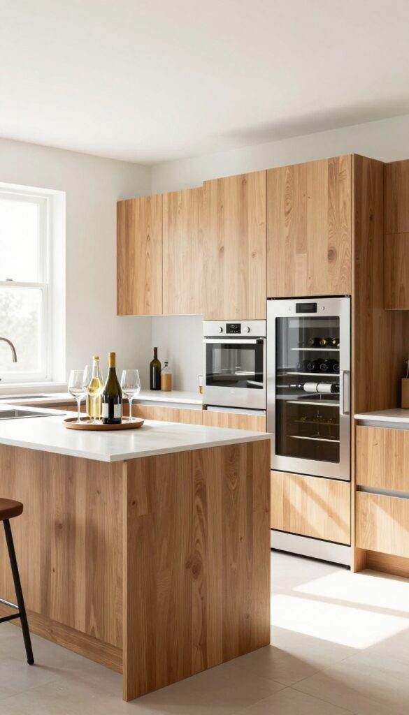 Modern kitchen peninsula with built-in wood-paneled wine fridge and glasses on counter