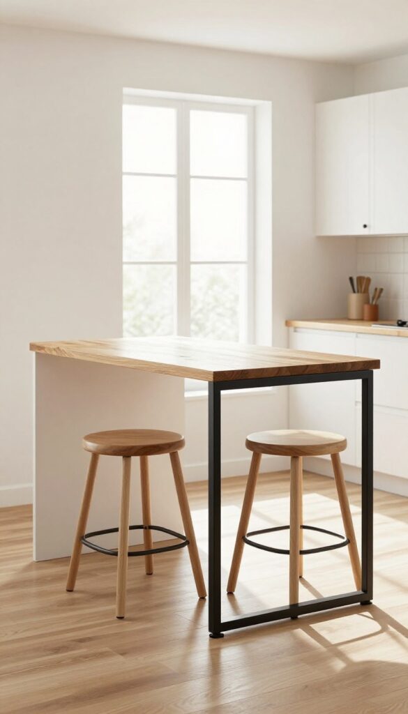 Compact kitchen island on casters with butcher-block top and two stools in a bright, airy kitchen.