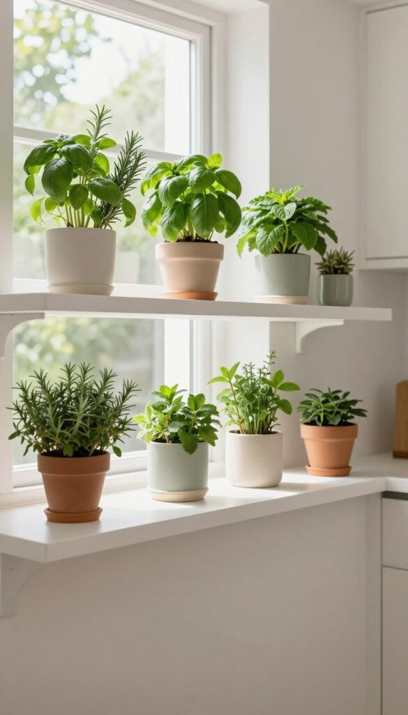 Floating shelves in a kitchen bay window with a mini herb garden in ceramic pots, natural light, photorealistic style.