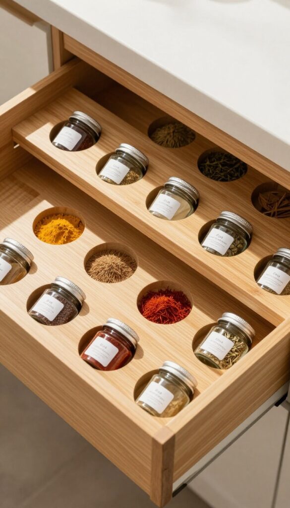 A kitchen drawer with a bamboo insert holding neatly arranged spice jars in round cutouts.