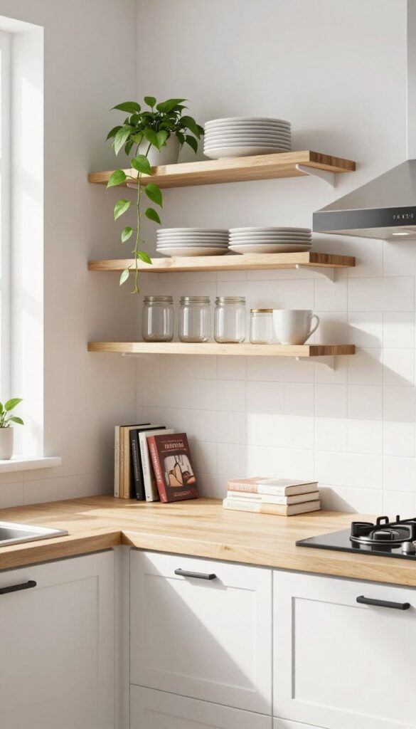 Open shelving in a kitchen corner displaying dishes, jars, cookbooks, and a plant
