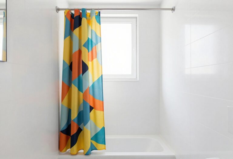 A modern bathroom with a geometric-patterned shower curtain, white tiles, and natural lighting, showcasing home decor inspiration.