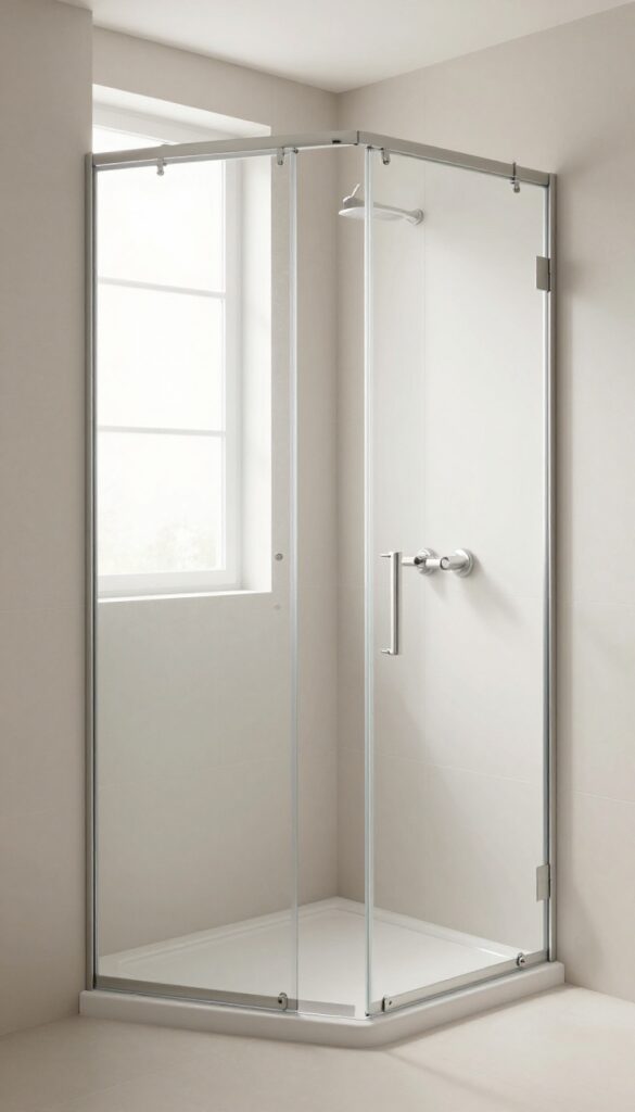 A small standing shower with sliding glass doors in a tight corner, showcasing space-saving design with natural light and neutral decor