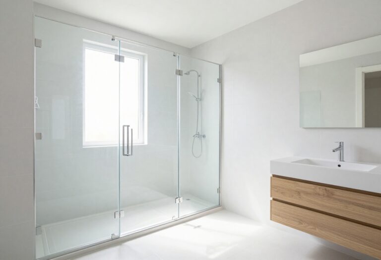 Modern minimalist bathroom with glass shower enclosure and wooden vanity.