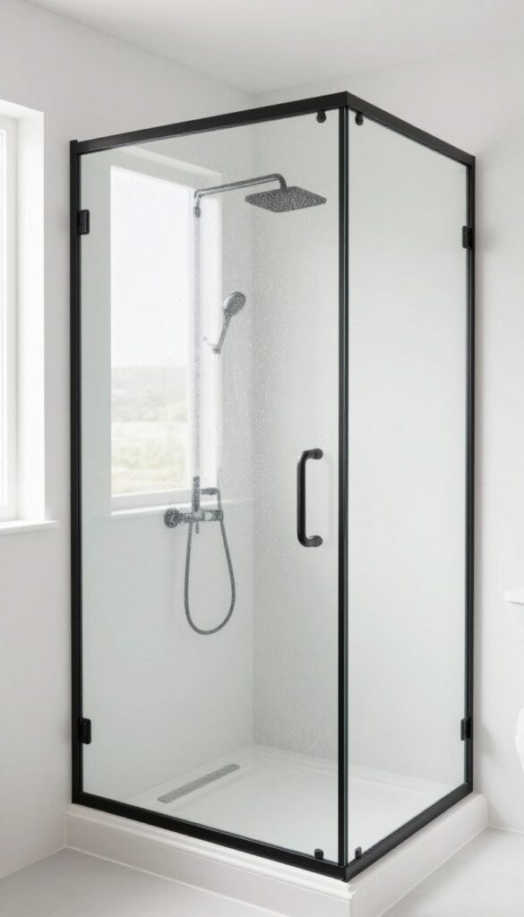 A modern bathroom featuring a glass panel divider between the shower and main area, showcasing bright natural light and clean design for space definition.