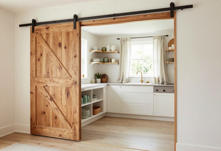 Cozy kitchen with a reclaimed wood sliding barn door open to a pantry