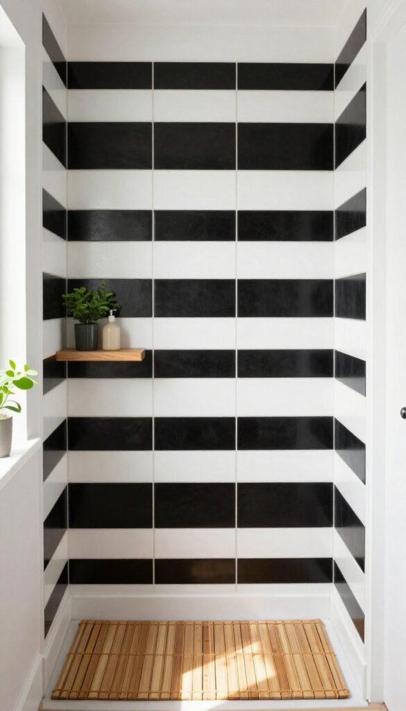 Horizontal bands of matte black and white subway tile in a shower with a teak shelf and bamboo mat
