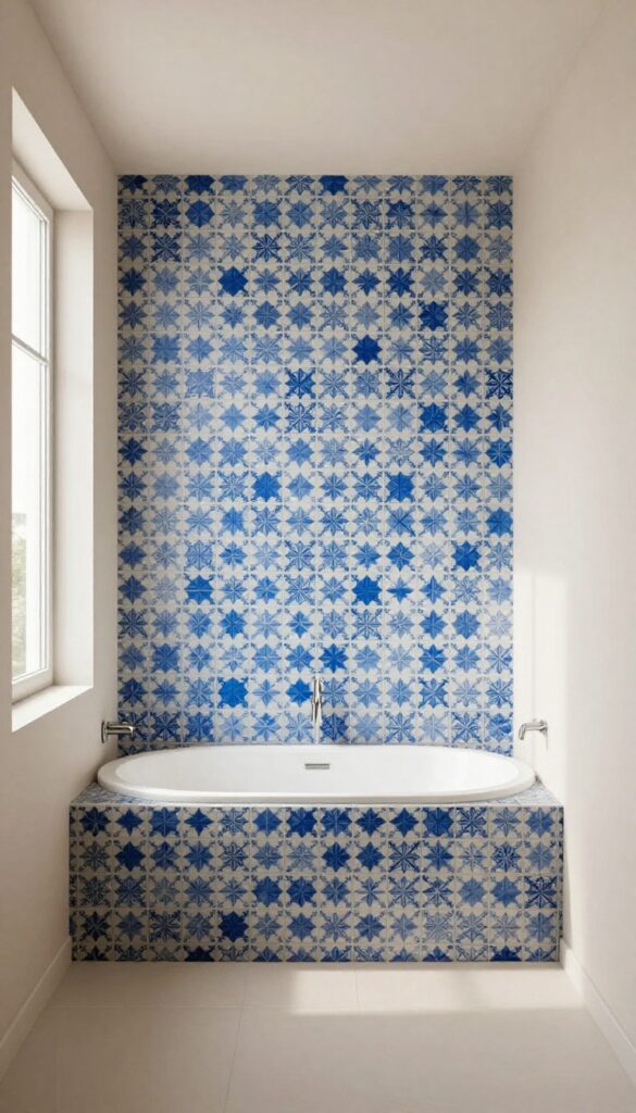 A long rectangle bathroom with a bold patterned tile feature wall at the short end, showcasing home decor inspiration for balanced design.