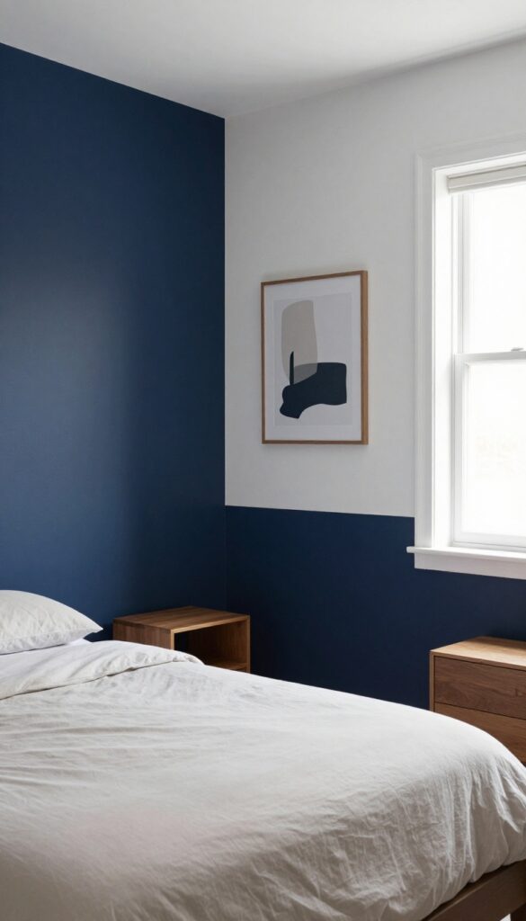 Teen bedroom with two-tone navy and white walls, showcasing a stylish and balanced design for boys' rooms.