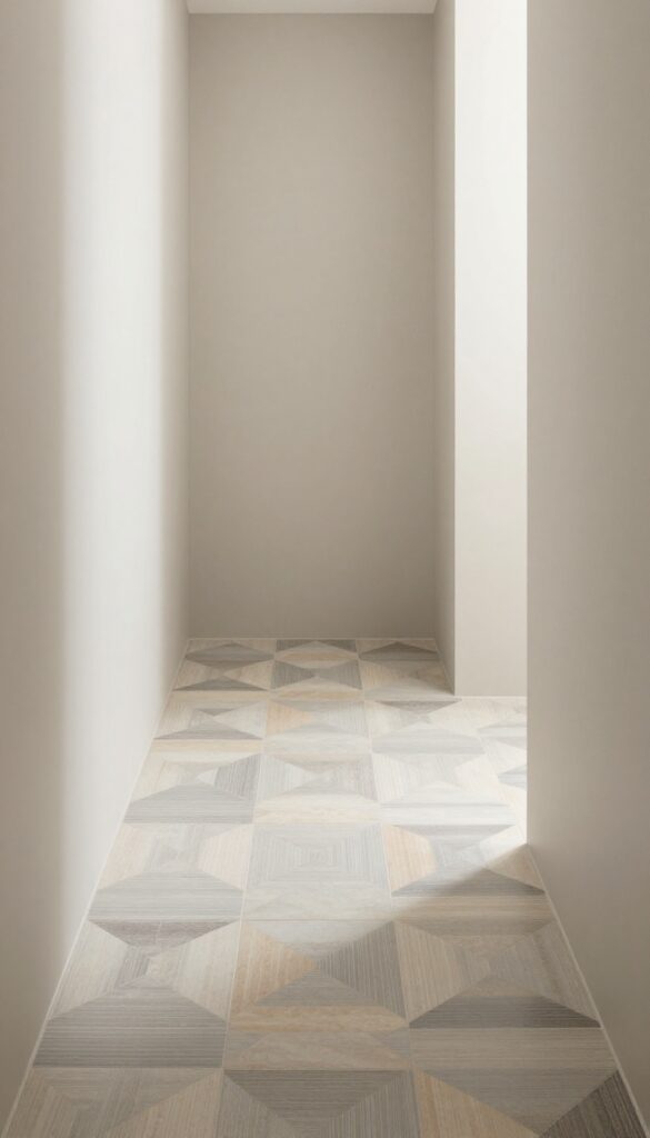 Patterned floor tiles in a zero-entry shower zone with geometric designs in soft grays and earthy tones, providing visual interest and a modern finish in a bright bathroom setting.
