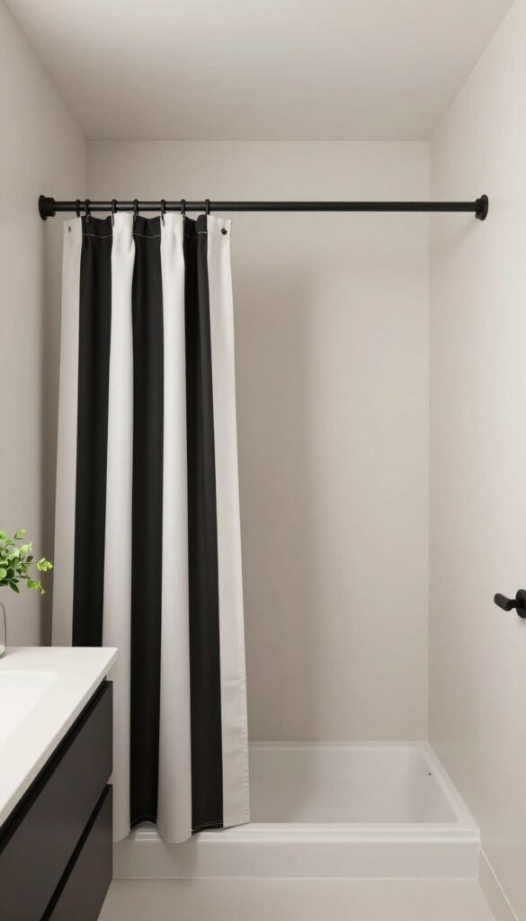 Compact bathroom with ceiling-height black and white geometric print shower curtain, neutral walls, matte black hardware, and a green plant on the counter.