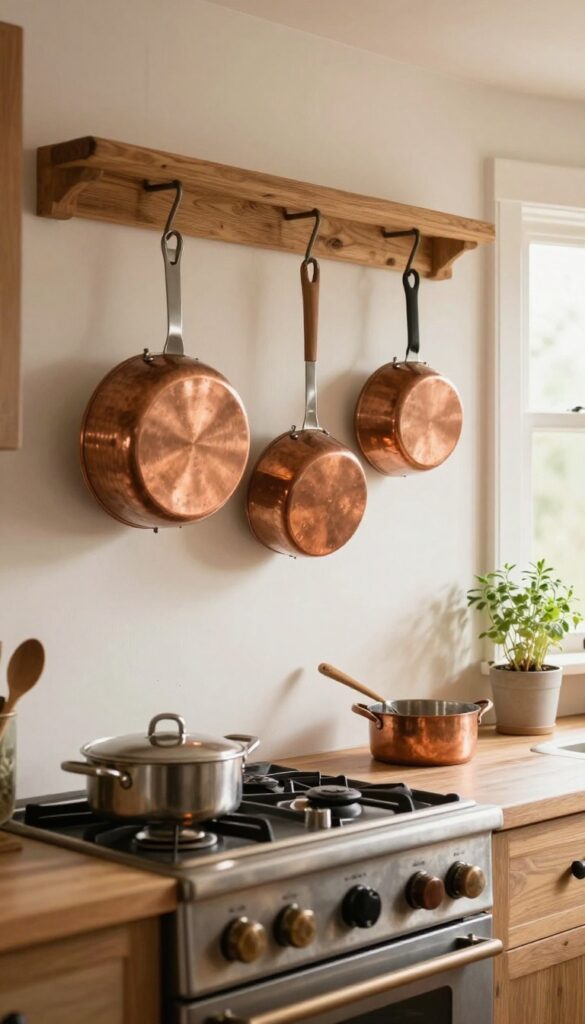 Cozy kitchen with hanging pots and pans above stove, warm natural light, rustic decor