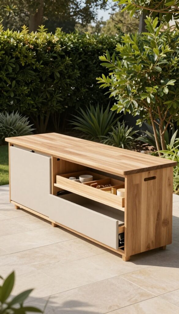 Modern backyard kitchen with hidden storage bench seating, lift-up seats reveal organized compartments for grill tools and cushions.