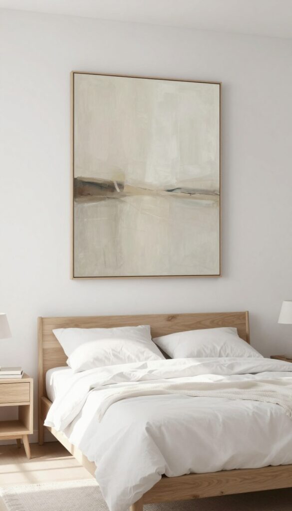 Minimalist bedroom with a large abstract painting on the wall, neutral tones, natural light, and clean composition.