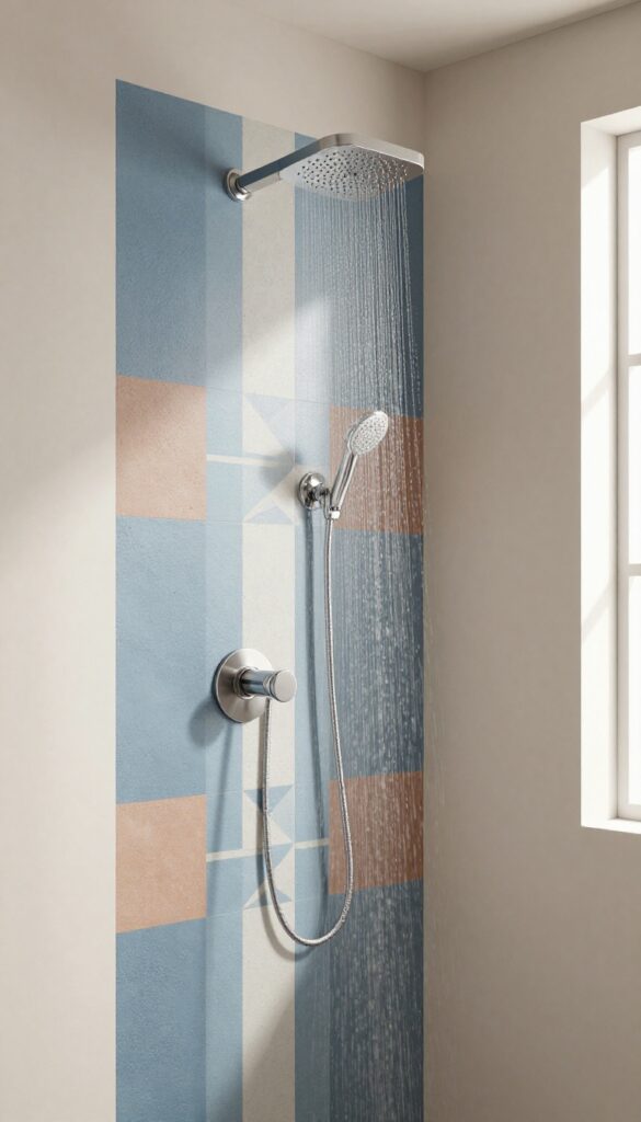 Shower backsplash with colorful cement tiles in bold geometric patterns