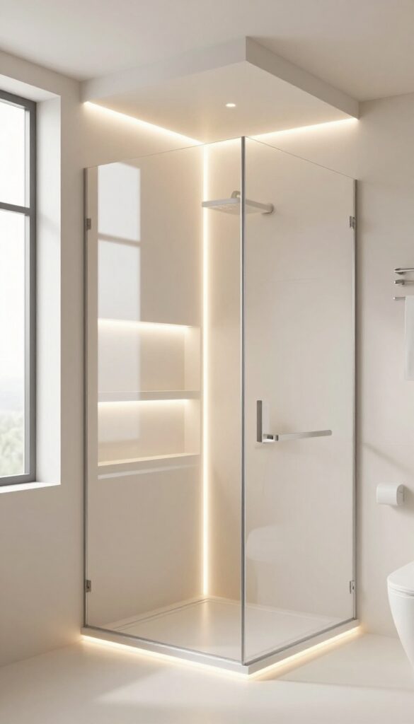 A small quadrant shower room with LED strip lighting under shelves and along edges for ambient glow in natural light.